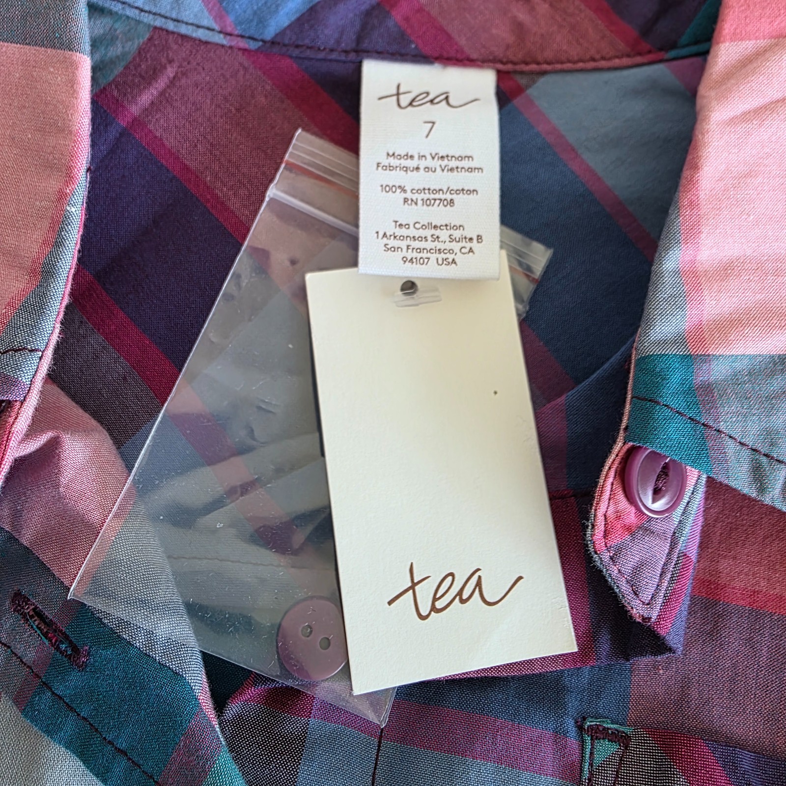 NEW Tea Collection Girl's Size 7 Dress 100% Cotton Plaid Pink Blue Button Front