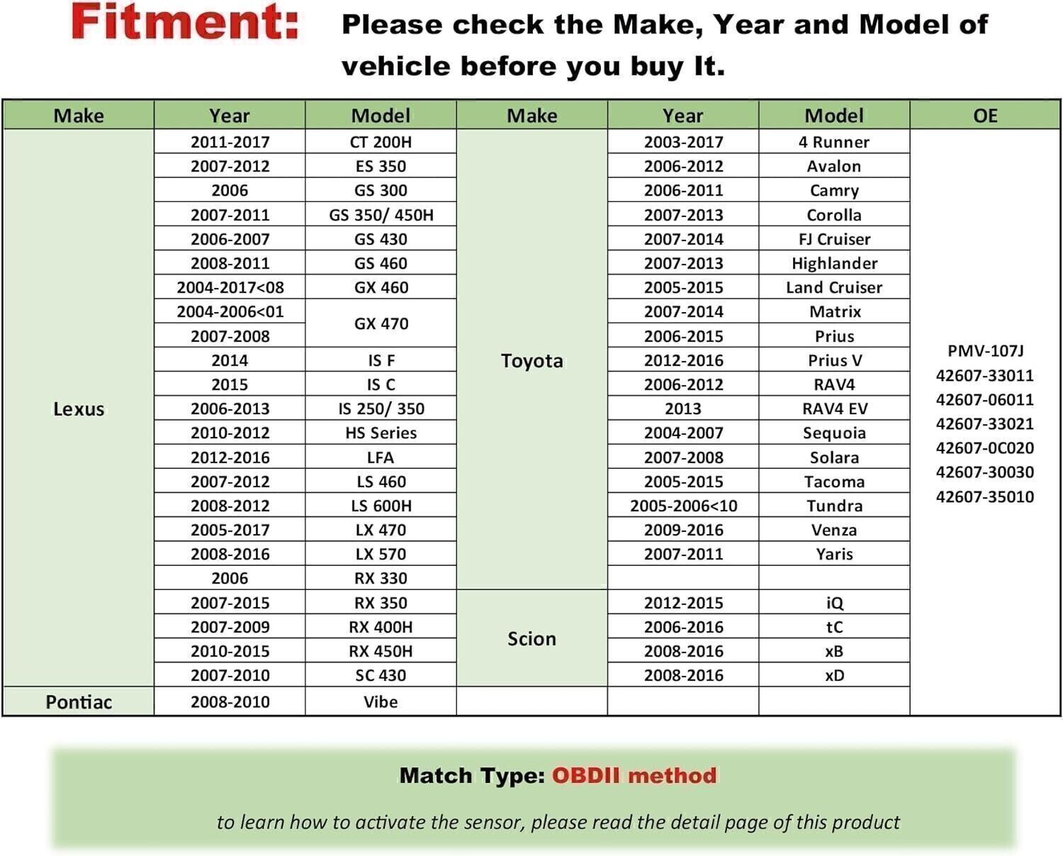 4x Tire Pressure Sensor TPMS OEM: 42607-33021 For Toyota Corolla Lexus PMV-107J.