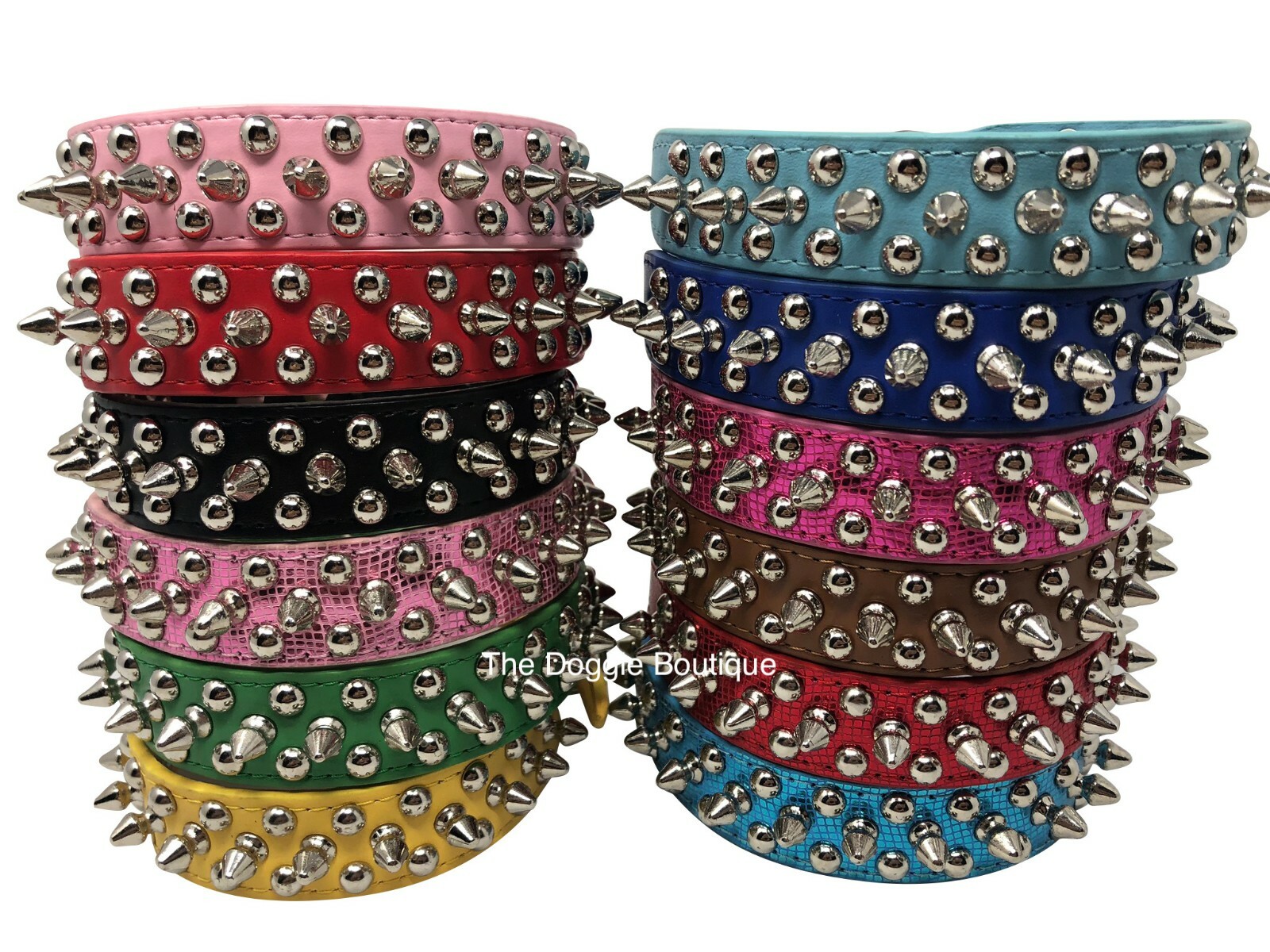 Dog Collar Studded & Spikes Rivet Adjustable 12 Colors Faux Leather  1" w  S M L