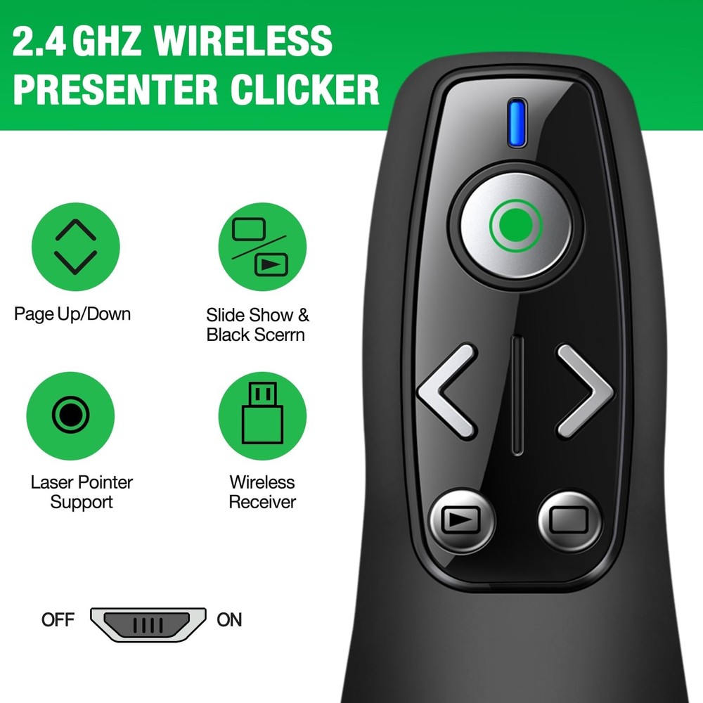 2-in-1 USB Type C Presentation Clicker Wireless Presenter Remote with Green L...