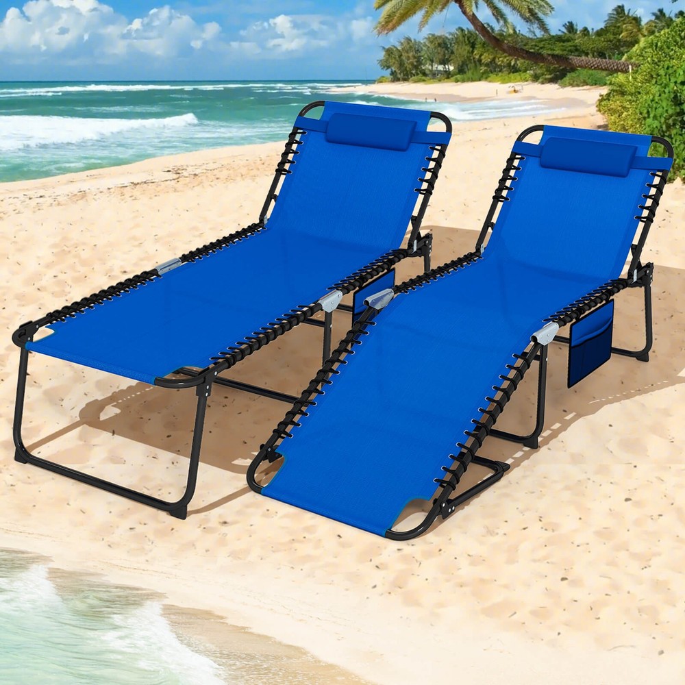 2PCS Oversize Folding Chaise Lounge w/ Adjustable Backrest Pillow Pocket