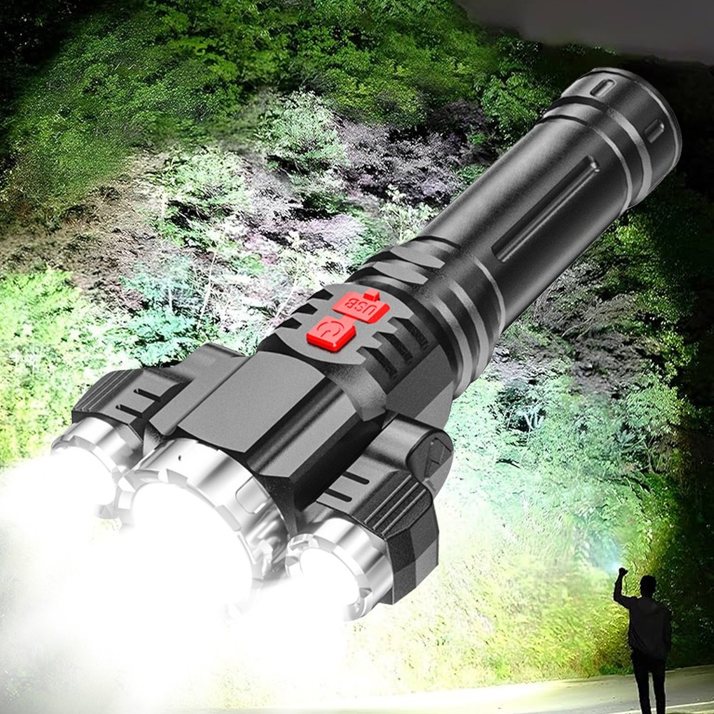 Super Bright 3 Head LED Flashlight Rechargeable Tactical Flashlights Work Light