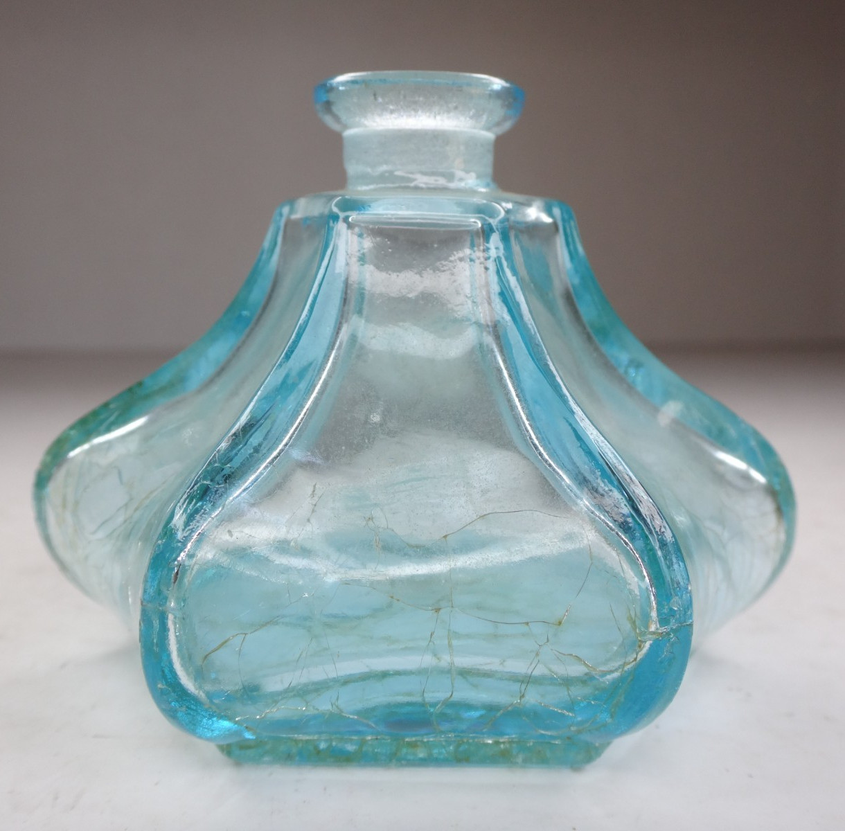 Antique Aqua Blue Green Inkwell Pressed Glass Bottle 6 Side UNUSUAL Shape