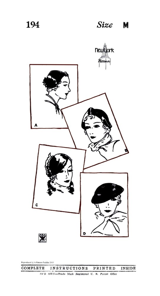 NY Pattern 194 Beret HAT Cap Pattern Un-Printed 1930's