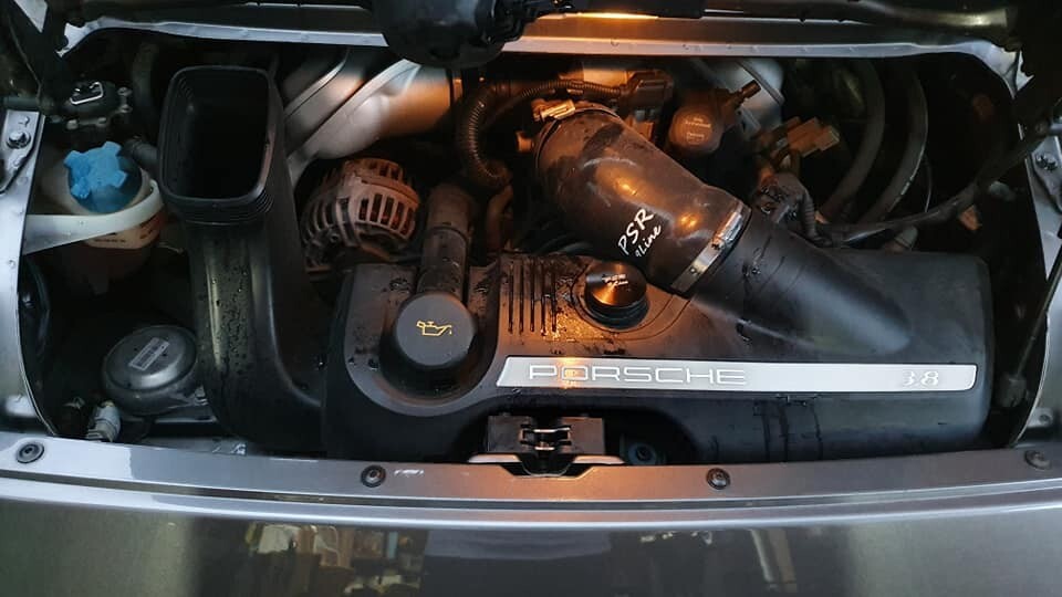 Porsche 997 Resonator Delete Air Box Modification with Blue Induction Pipe Plug