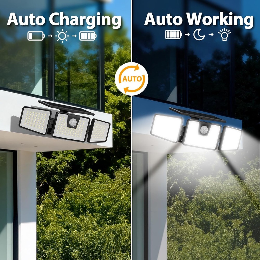 Solar Motion Sensor Lights Outdoor, 3 Heads Security Lights Solar Powered
