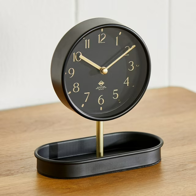 Black and Gold Tabletop Clock with Trinket Tray
