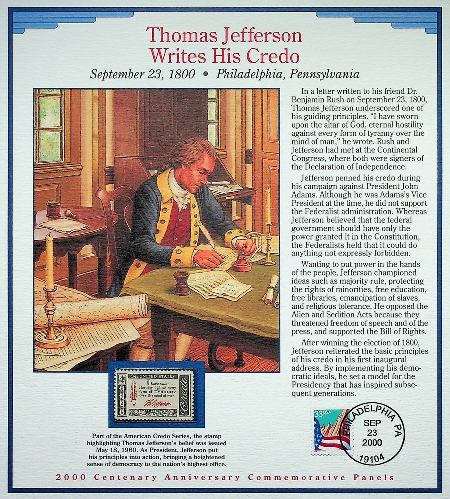 Thomas Jefferson Writes His Credo Stamp Panel • 2000 Centenary Commemorative