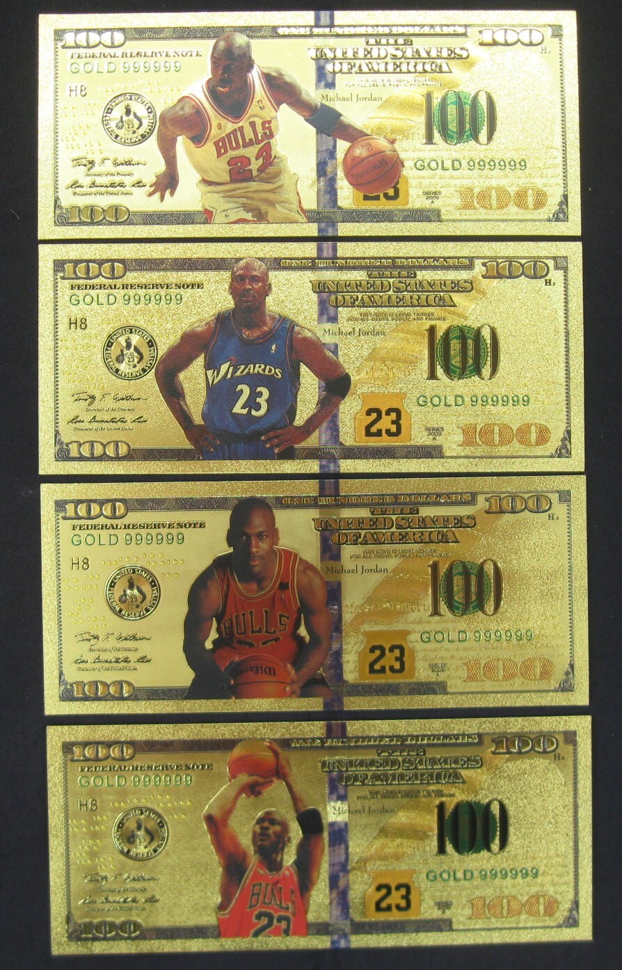 MJ-The GOAT-MVP-HOF-Chicago Bulls-Set of 4 GOLD BILLS! FREE SHIP & CERTIFICATE!