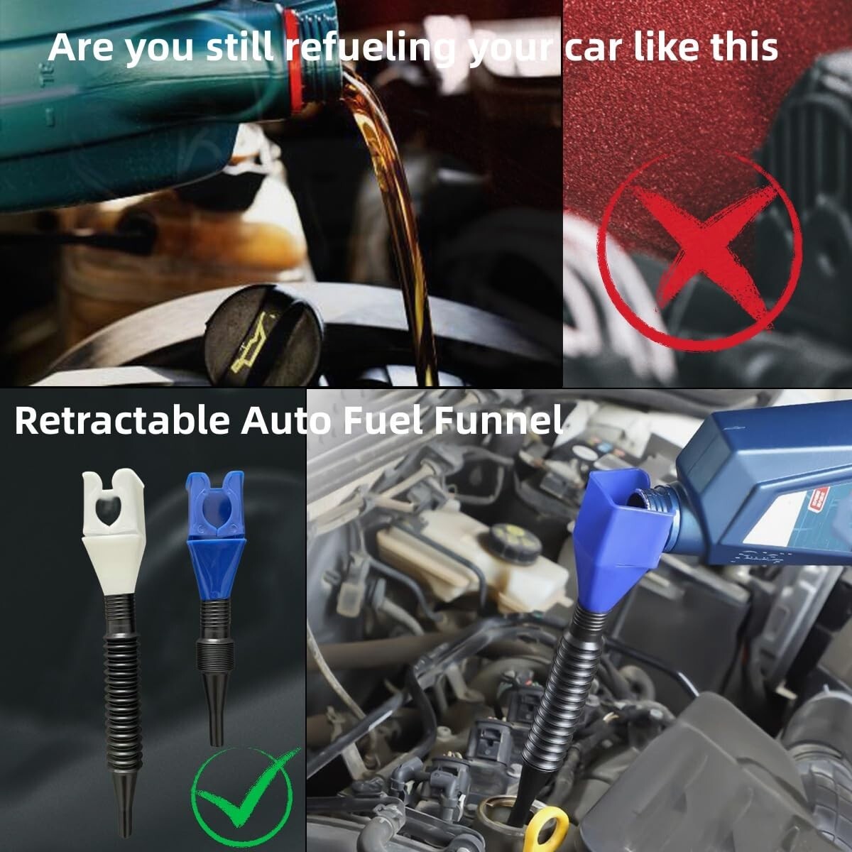 Flexible Snap Funnel "ONE HAND ONLY" Adapter Spill Free Oil Gas Coolant Filling