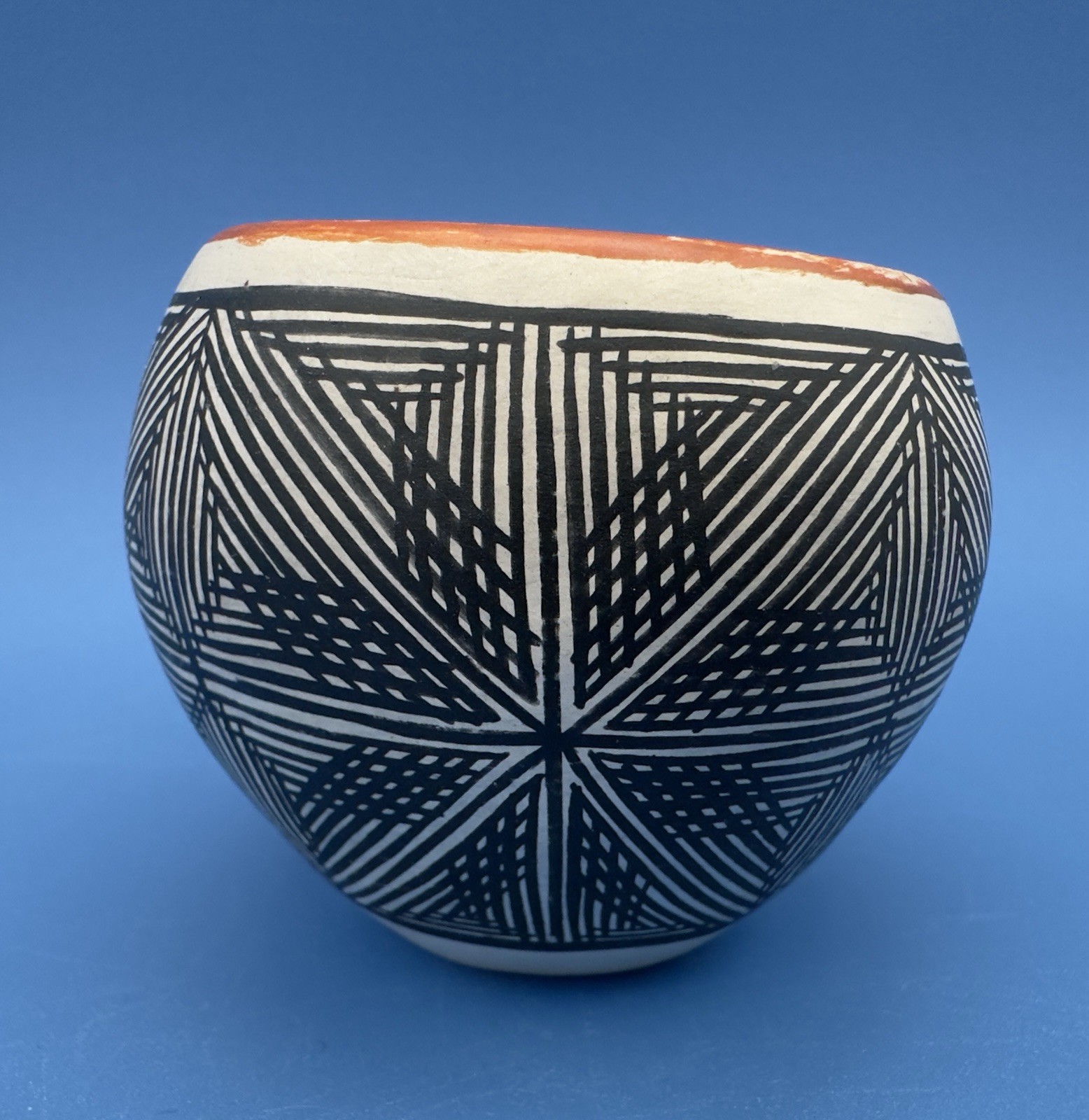 2 1/8" x 2 1/2" Acoma Pueblo Geometric Polychrome Pottery Jar - Santana Phillips