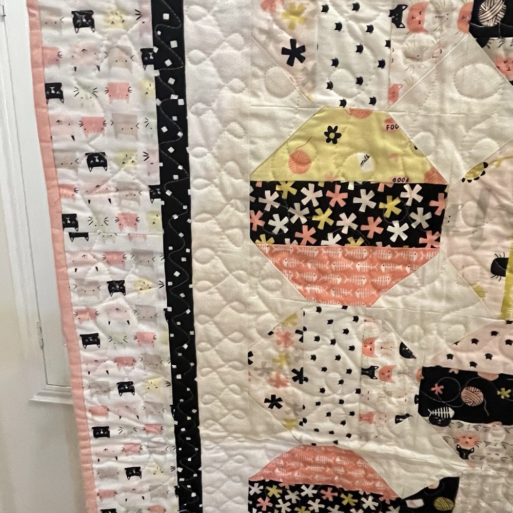 Handmade Cats and Camper Trailers Patchwork Quilt Blanket Pink