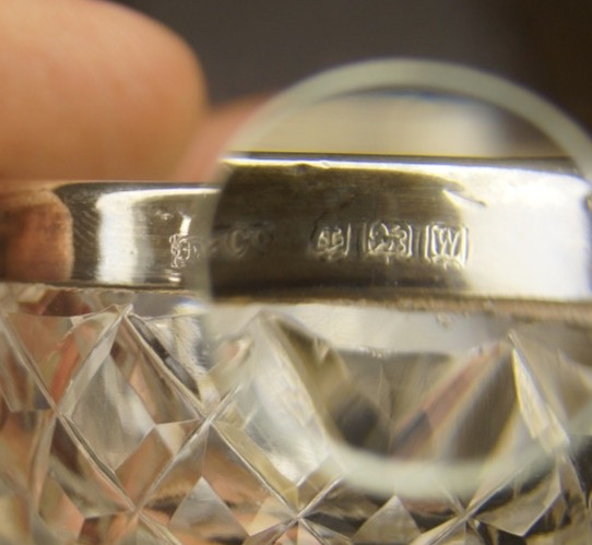 Antique pair of sterling silver and cut glass salts with spoons - Complete Set