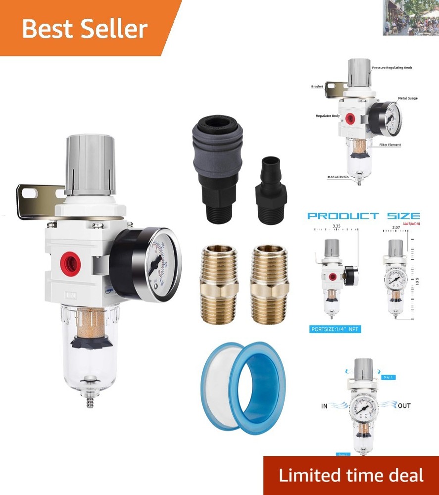 Compressed Air Filter Regulator with Polycarbonate Bowl & Drain Feature
