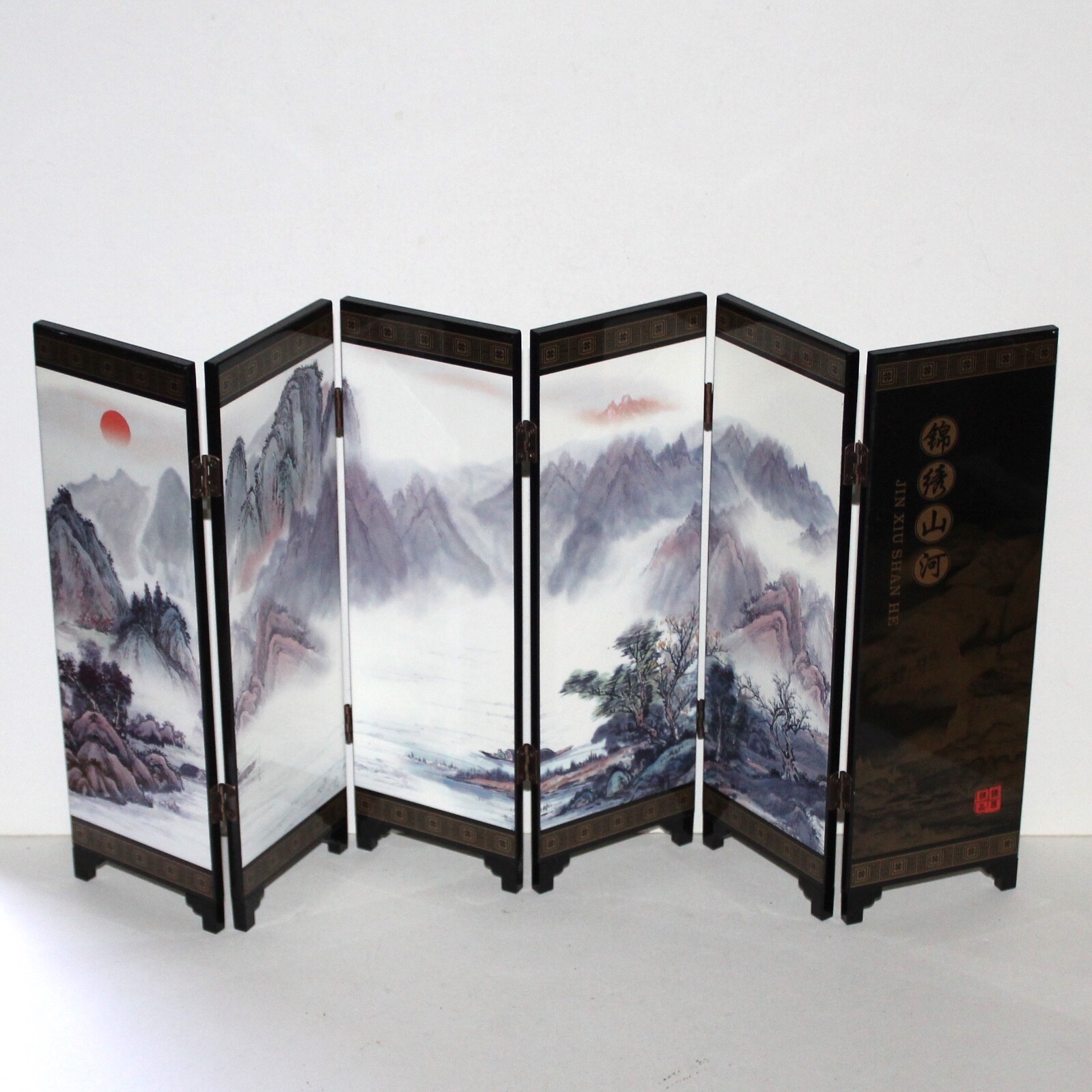 Jin Xiu Shan He small Chinese 6 panel screen divider lacquer decor asian