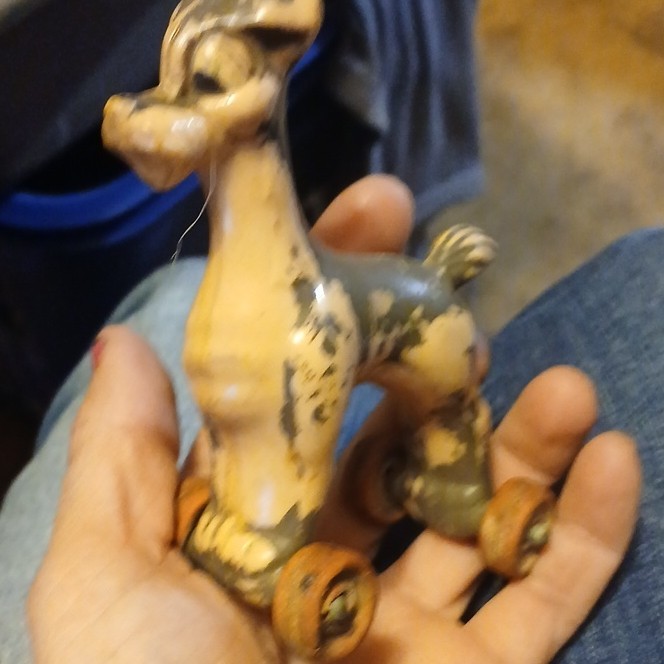 Vintage Wooden Deer Pull Toy on Wheels