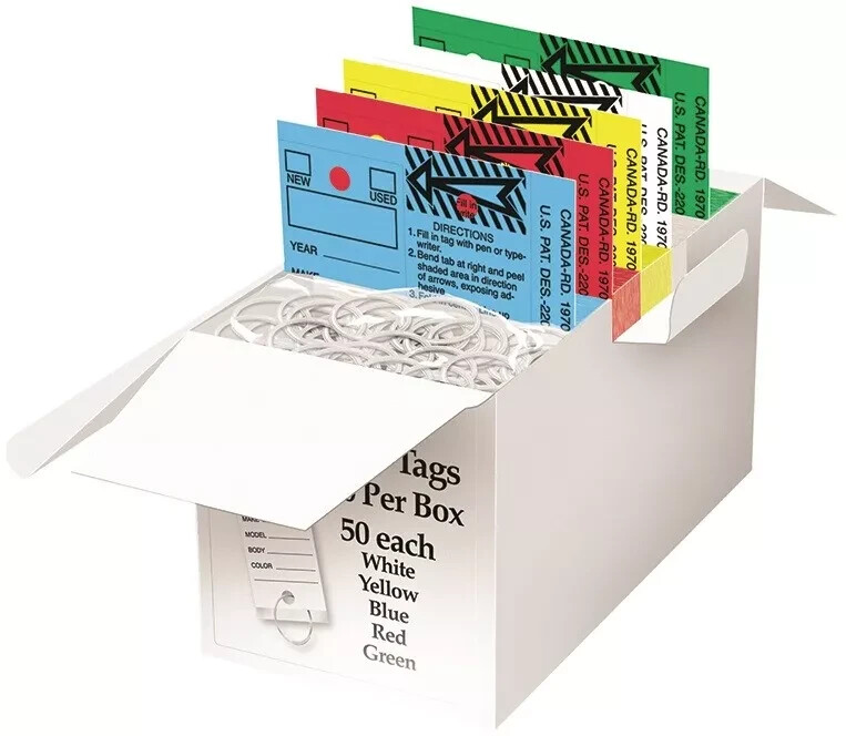 CAR DEALER KEY TAGS LAMINATED SELF PROTECTING 250 TAGS METAL RINGS MIXED COLOR