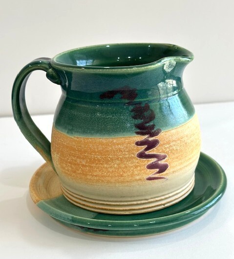 vintage handmade studio pottery PITCHER with PLATE SIGNED