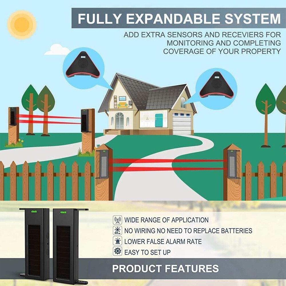Weatherproof Solar Wireless Driveway Alarm Sensor Alert System Security Kit IP66
