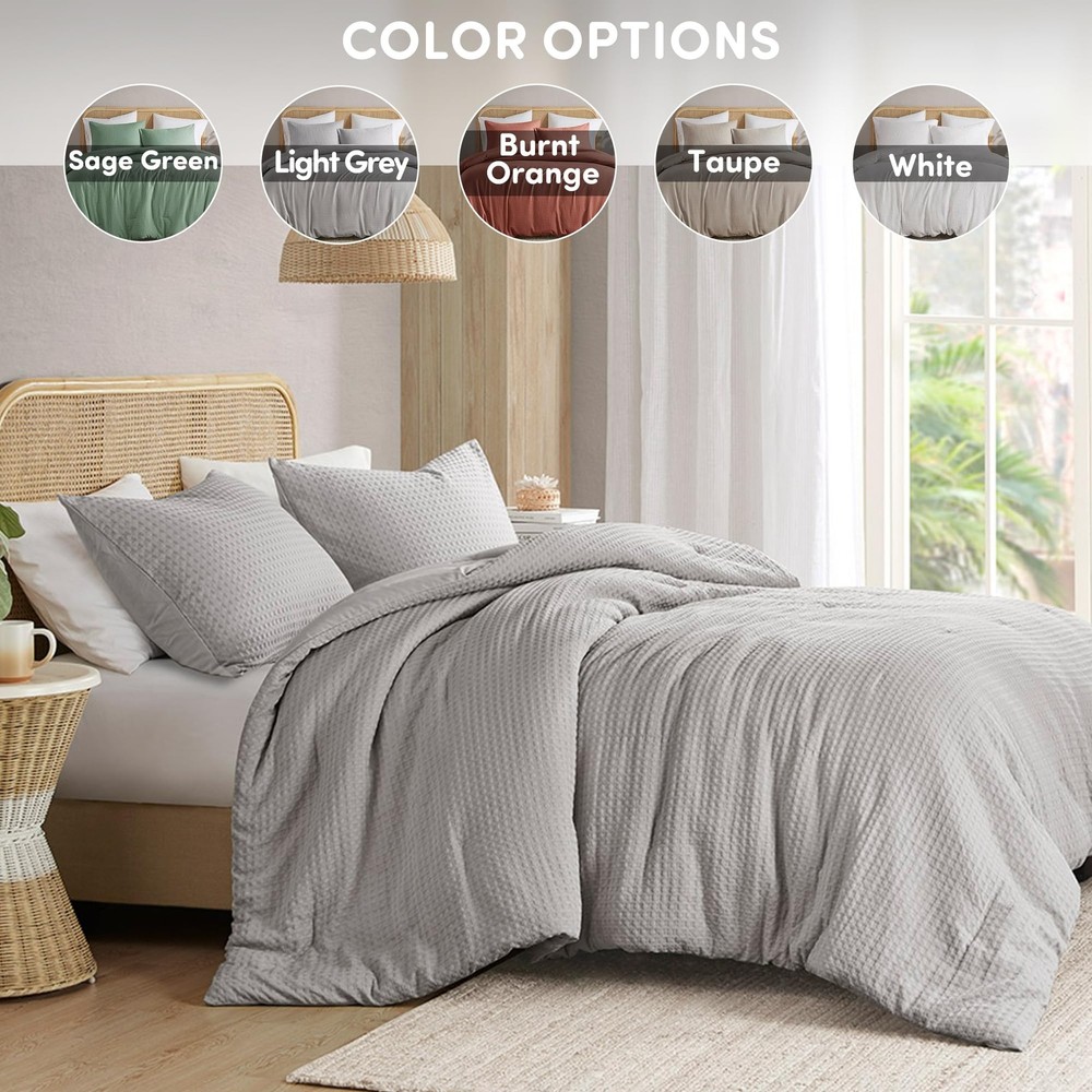 Light Grey Queen Comforter Set - 3 Pieces Breathable Dotted Weave Texture Com...