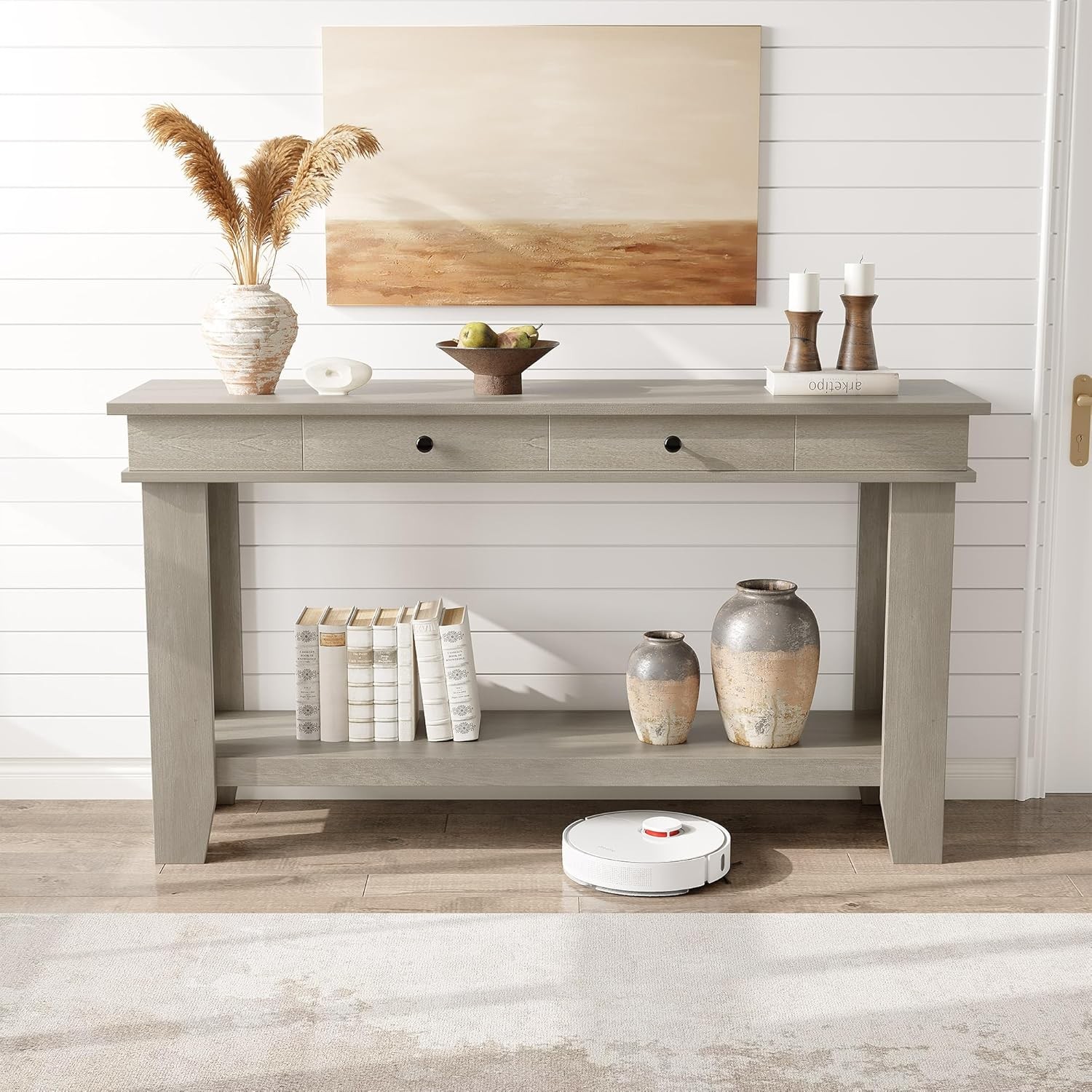 54" Wooden Console Table, Entryway Table with Drawers & Open Storage Shelf