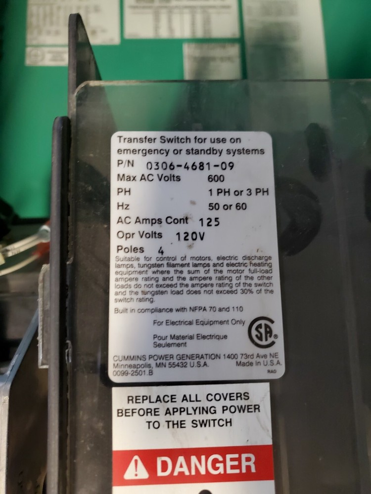 😎 CUMMINS 125 AMP AUTOMATIC TRANSFER SWITCH 480 VAC 4 POLE OHPCA-7092707