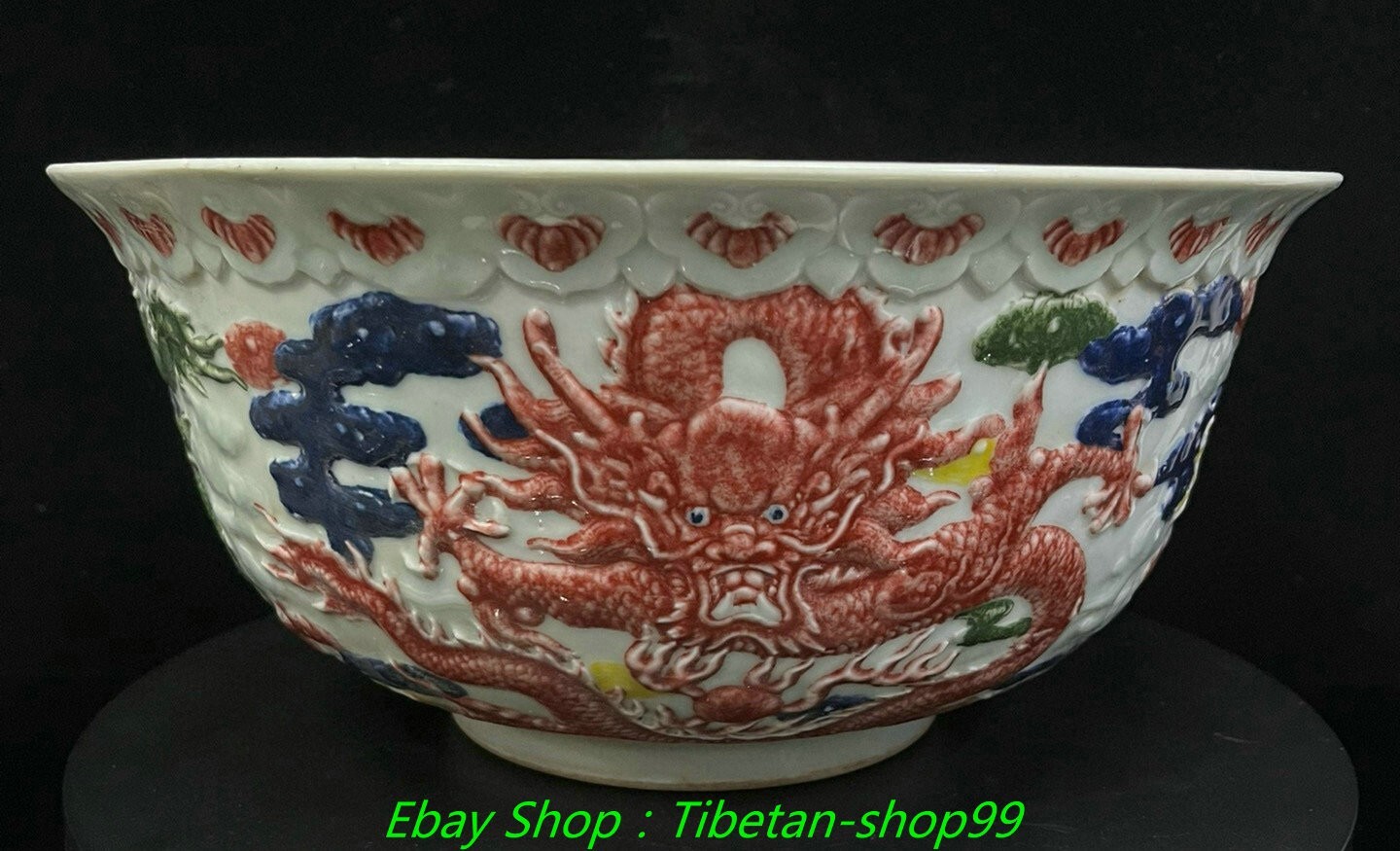 12.4"Qing Qianlong Marked Wucai Porcelain Dragon Loong Beast Pattern Bowl
