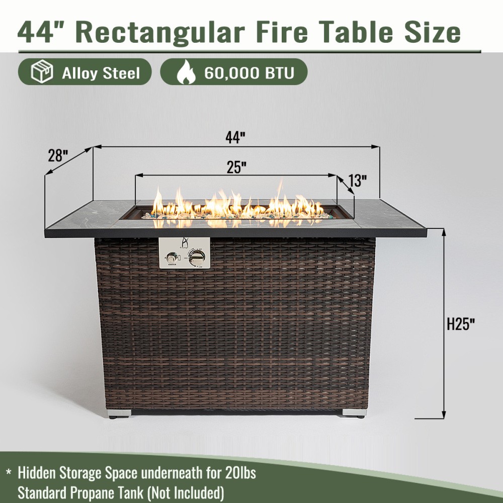 44" Gas Fire Pit Table 50000 BTU Rectangular Patio Outdoor Propane Firepits