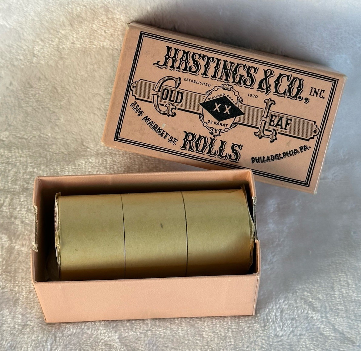 RARE NOS Vintage 1959 Hastings & Co. 23K Gold Leaf 1” Rolls w/ Original Box USA
