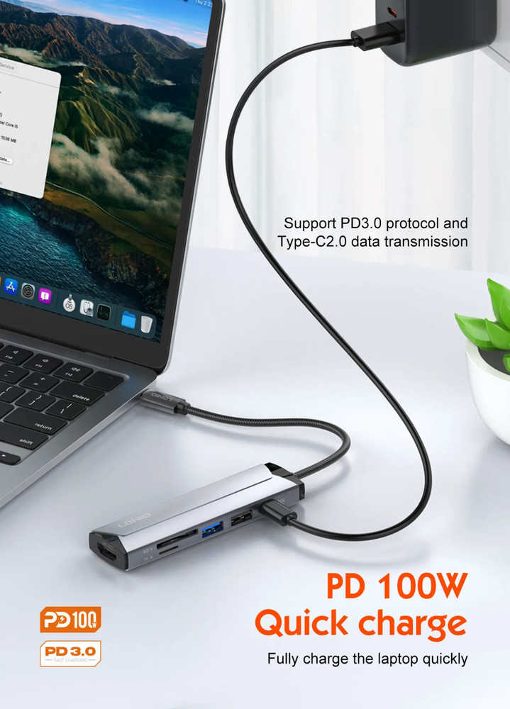 6 in 1 USB-C Multi-function Docking Station PD100W Type-C HDMI SD TF, 2x USB-A
