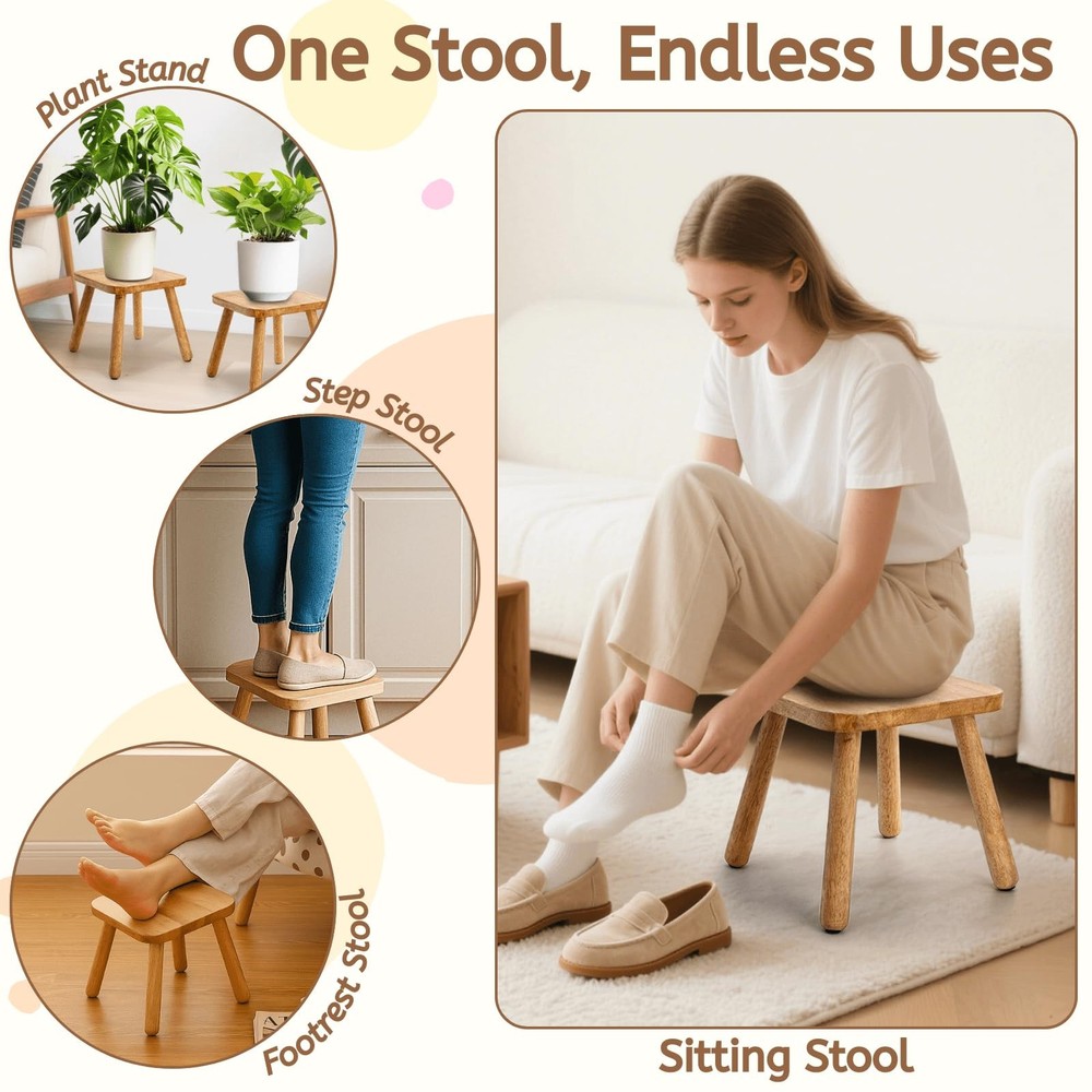 Square Solid Wooden Step Stool, 11.8 Inch Non-Slip One Step Stool for Adults,...