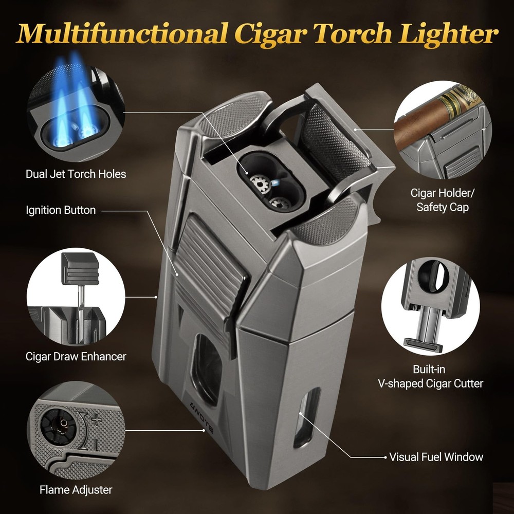 Cigar Lighter with Double Jet Flame, Refillable Cigar Torch Lighter with Ciga...
