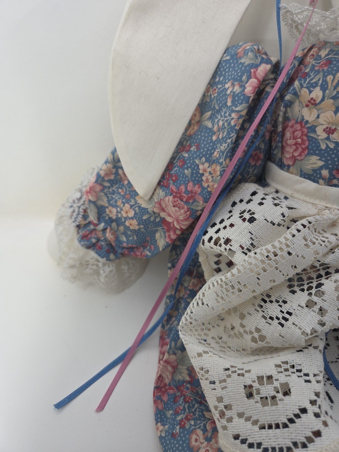 Vintage Handmade 19” Easter Bunny Rabbit Doll Flowers Floral Lace Dress & Apron