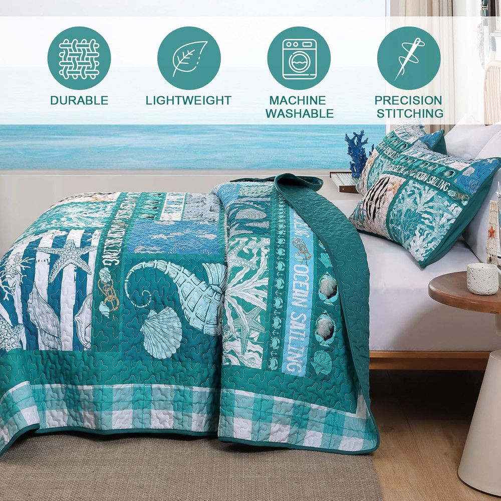 Coastal King Size Quilt Set 3PC Reversible Lightweight Ocean Patchwork Bedspread