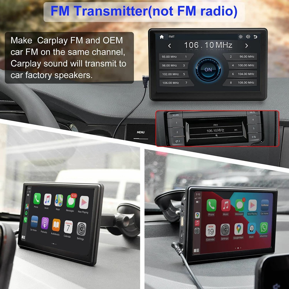 PORTABLE 7" WIRELESS APPLE CARPLAY ANDROID AUTO REVERSING CAMERA SUITS CHRYSLER