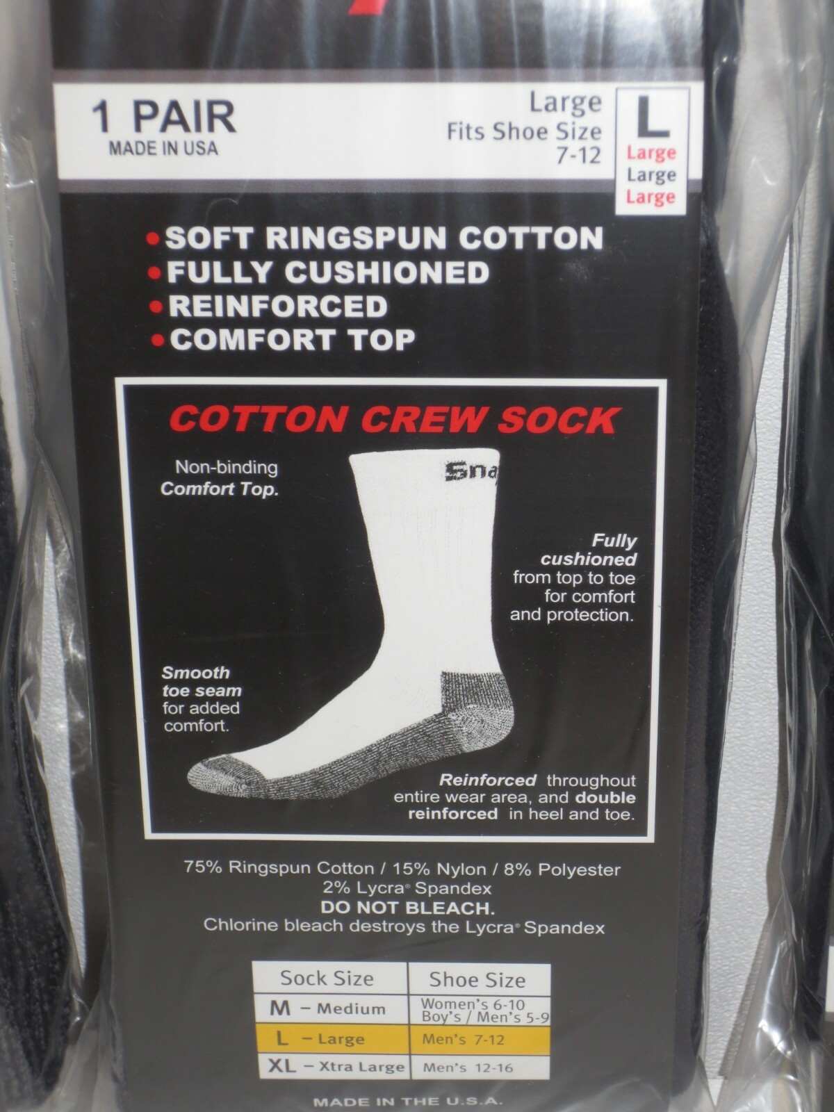 12 Snap-On CREW Socks BLACK LARGE ~ FREE SHIPPING ~ MADE IN USA 12 PAIRS *NEW*