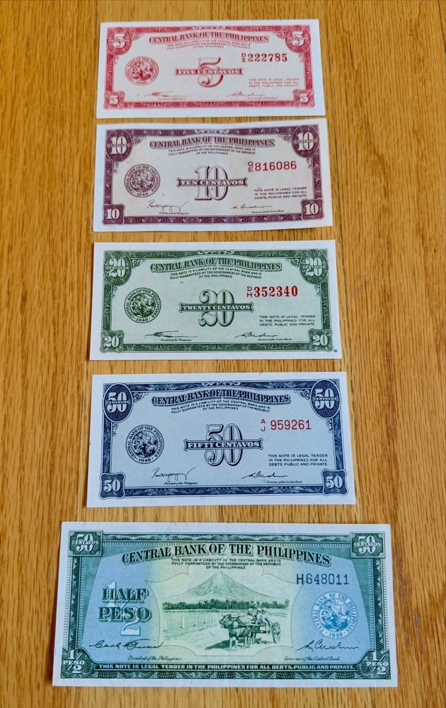 Republic Philippines 5 10 20 50 Centavos and 1/2 Peso notes ND - uncirculated