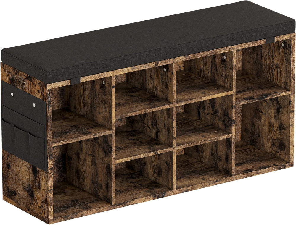 Rustic Shoe Storage Bench with Cushion & 10 Cubbies for Entryway, 41