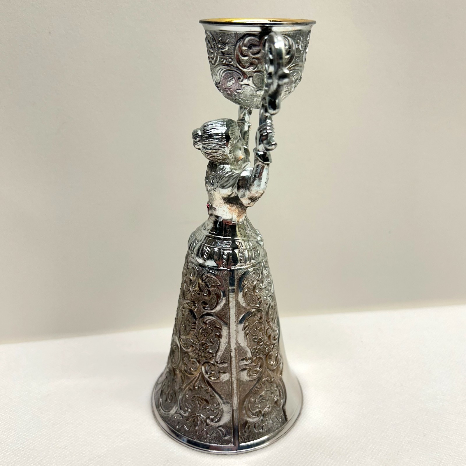 VTG Traditional Antiqued Silver Plated Wedding Cup German Chalice Lady Pink Gem