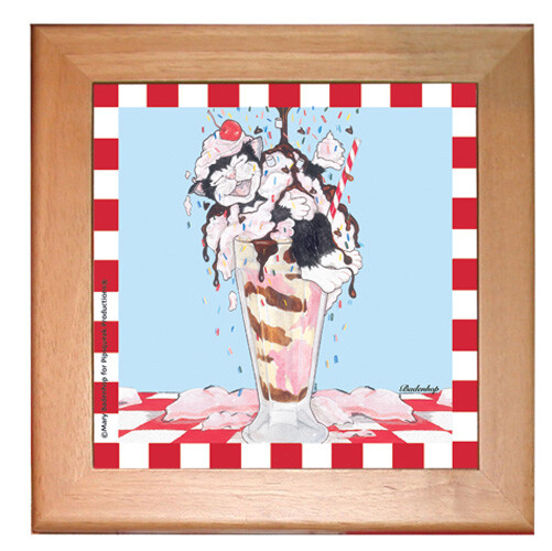 Cat Kitchen Ceramic Trivet Framed in Pine 8" x 8"