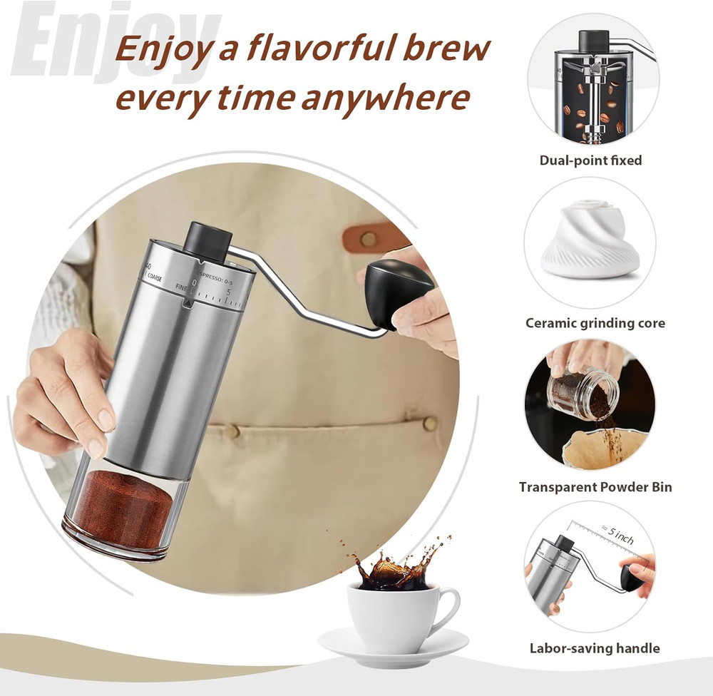Manual Coffee Grinder 40 External Adjustable Settings, Ceramic Conical Burr Stai