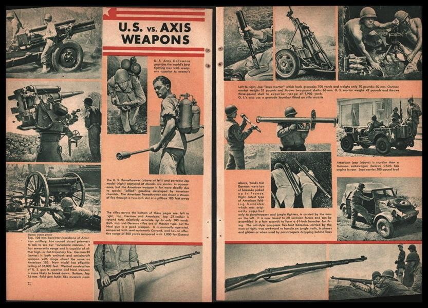 “U.S. vs Axis Weapons” WW!! 1945 pictorial Rifles~Howitzer~Mortar~Flamethrower++