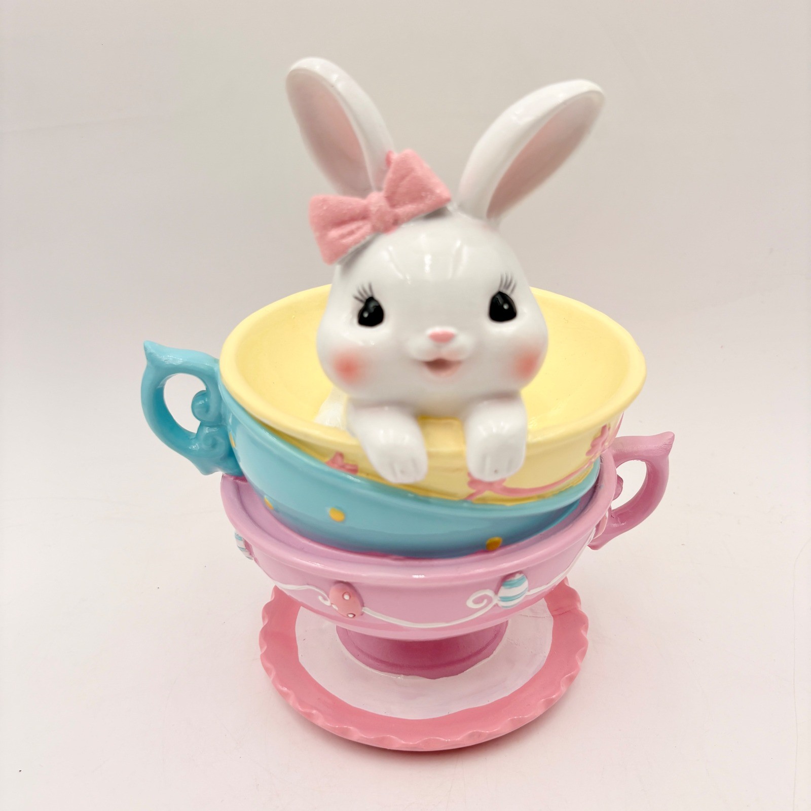 Easter Bunny Rabbit Stack Pastel Teacups Figurine Spring Decor Pink Blue Yellow