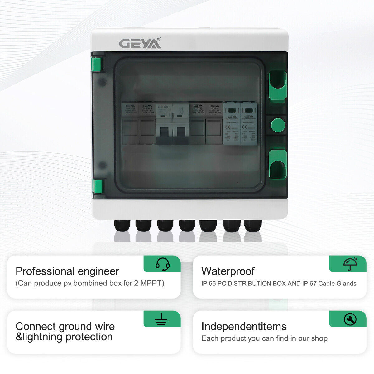 GEYA Solar PV Combiner Box Plastic 15A 2string 500DC Circuit Breaker Solar Panel