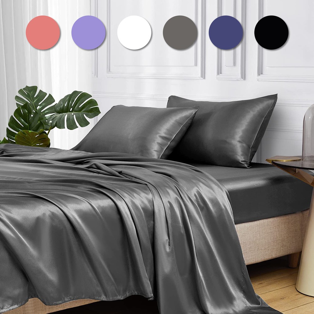 Luxury Silky Satin Sheet Set Bedding Fiited Sheets Soft Pillowcases Solid Color