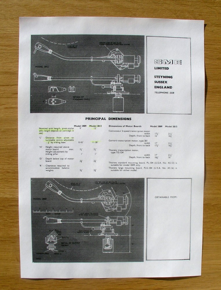 SME 3012 Series I & II Custom Designed Tonearm Cartridge Alignment Protractor