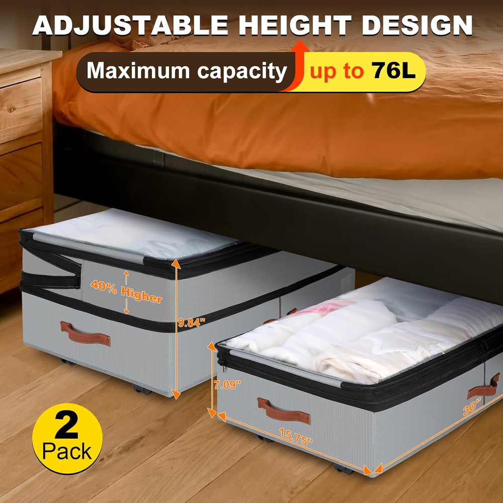 2 Pack under Bed Storage with Wheels, Adjustable-Height Rolling Storage Containe