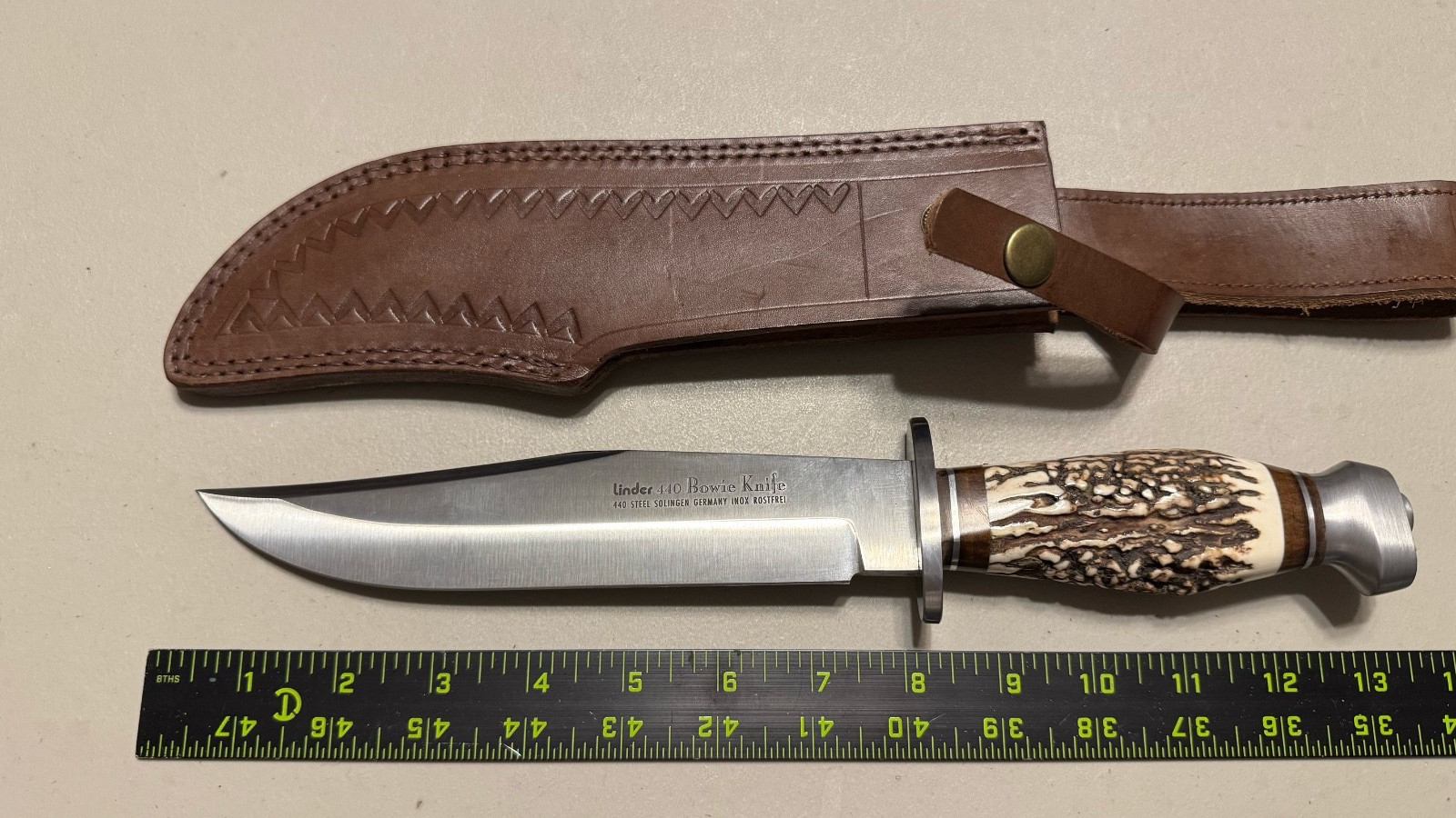 Linder 440 Bowie Knife 13" Stag Handle + Sheath SolinGen Germany Inox Rostfrei