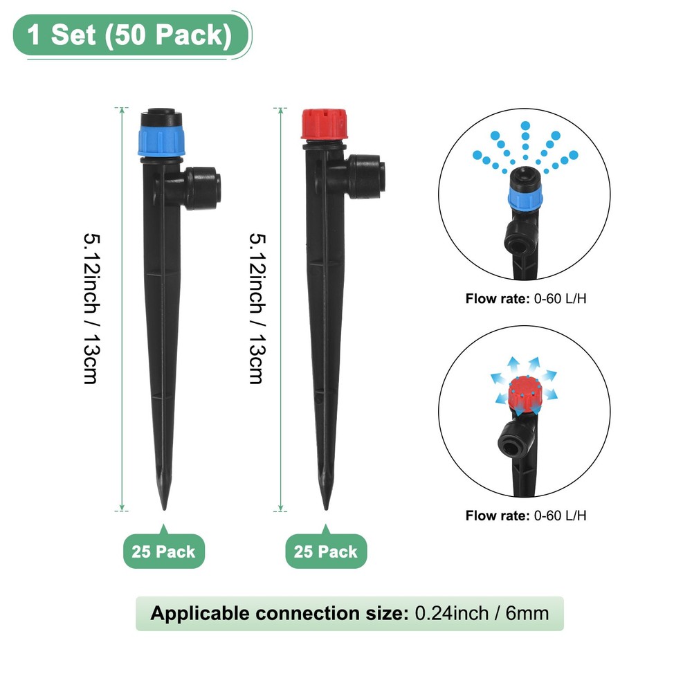 50-Pack Drip Irrigation Emitters, Adjustable 360 Degree, Blue, Red