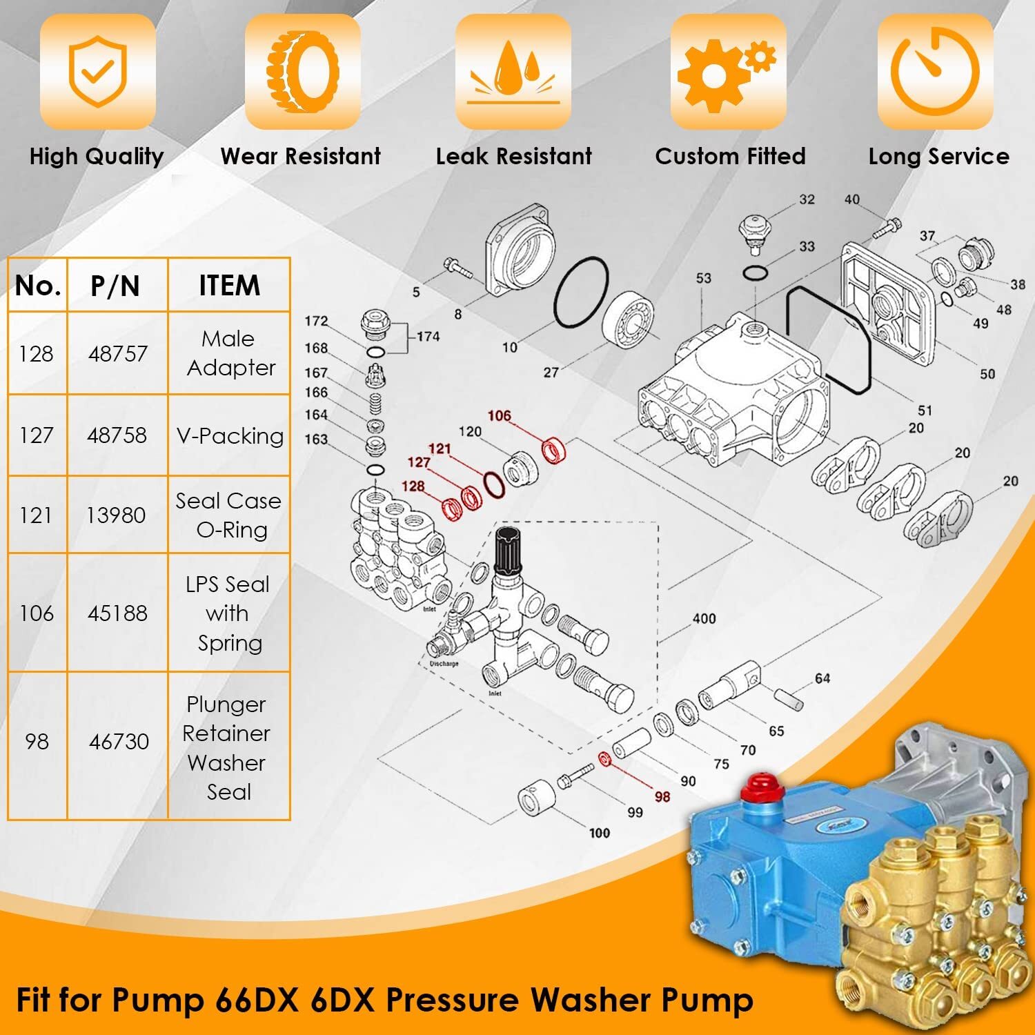 FOR CAT PUMP 66DX 6DX PRESSURE WASHER PUMP 34262 SEALS REBUILD KIT